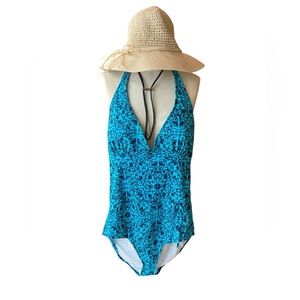 NWT Tropical Escape Women's Teal Blue Floral Paisley 1-Piece Halter Swim Suit 12